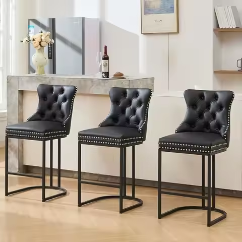 Counter Height Bar Stools Set of 3, 26" Modern Barstools with Back, Faux Leather Upholstery Counter 