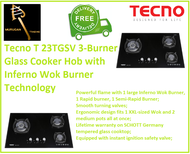 Tecno T 23TGSV 3-Burner Glass Cooker Hob with Inferno Wok Burner Technology / FREE EXPRESS DELIVERY