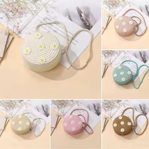 Creative Small Daisy Kids Straw Bag Round Shape Handmade Crossbody Bag Woven Shoulder Bag for Childr