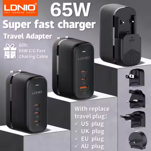 LDNIO GaN 65W USB C Charger Travel Charger PD QC Wall Charger 3 Port International Plug Adapter EU U