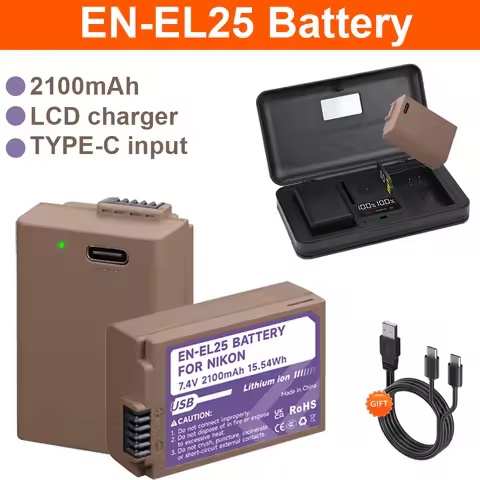 PALO 2100mAh EN EL25 EN-EL25 ENEL25 Camera Battery with Type-C Charging Input and LCD Charger For Ni