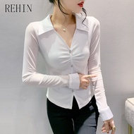 Rehin mùa thu New Angola lưới đỏ áo chắp vá ôm vừa & thanh lịch Tay áo dài T-Shirt phụ nữ hàng đầu