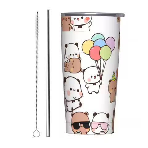 Bubu Dudu Bear Sticker Pattern Tumbler Vacuum Insulated Thermal Cup with Lid Straw Double Wall Mug W