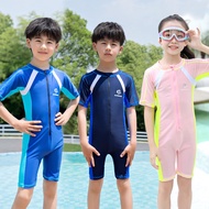 5-14Yrs Teen Swimsuit Kids Boys Plain Swimming Suit Kid Short Sleeve Swimwear with Hat