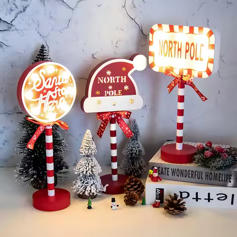 Christmas Retro Lamp North Pole Sign LED Light Santa Stop Here Street Sign Xmas Wooden Desktop Decor
