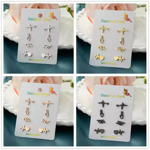 4pairs/lot Heart Wave Stud Earrings Stainless Steel Heartbeat Stethoscope Earings Women Doctor Acces