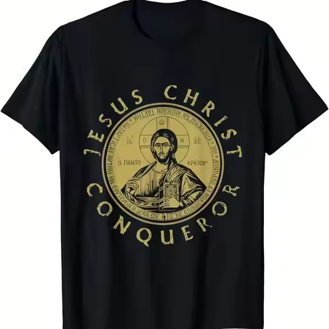 Men's Vintage Jesus Christ Conqueror T-Shirt Orthodox Christian Religious Graphic Tee with Jesus Chr