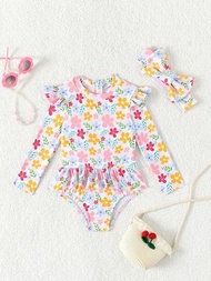 嬰兒女童花卉印花連體泳衣,適用於夏季度假和沙灘服裝