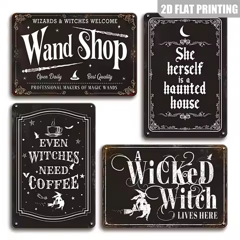 2D Flat, 4pcs Vintage Halloween Metal Sign, Haunted House Street Sign, Witch Themed Wall Plaque, Wan