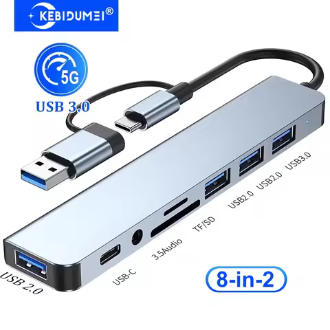 KEBIDUMEI 8-in-2 USB 3.0 Hubs USB C HUB USB C Docking Station 5Gbps Transmission OTG Adapter Type C 