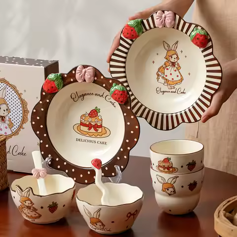 New Rabbit Ceramic Bowl and Dishs Set Underglaze Colored Tableware Set High Value Rice Bowls Eating 