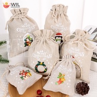 Creative Multifunctional Christmas Drawstring Gift Cookie Snack Bag Stylish Lovely Santa Claus Snowman Elk Penguin Pattern Linen Storage Bags Party Supplies