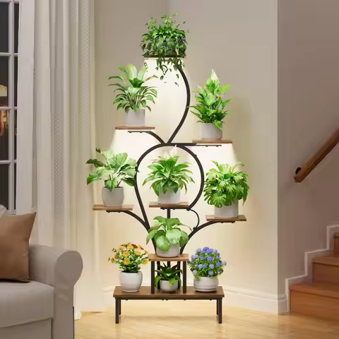9-Tier S-Shaped Metal And Wood Plant Stand With Grow Lights For Indoor Living Room