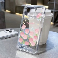 For iPhone 7 8 Plus X XS Max XR 11 12 13 14 pro max Pink Tulips Transparent TPU Fine Hole Phone Case
