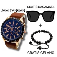 Paling Laris...!!! Jam Tangan Pria Tali Kulit Free Kacamata & Gelang Keren Bisa COD