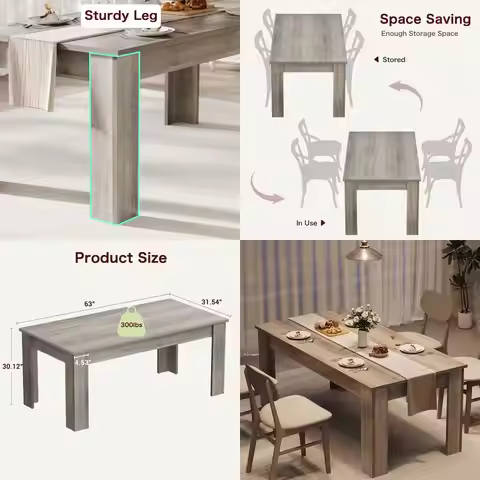 Gray 63 Large Dining Table for 4-6, Rustic Style, Ideal for Kitchen and Small Spaces