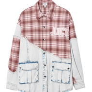 Juicy Couture | เสื้อเชิ้ตหลวมลายสก็อตปะผ้าดีนิมซักกรด