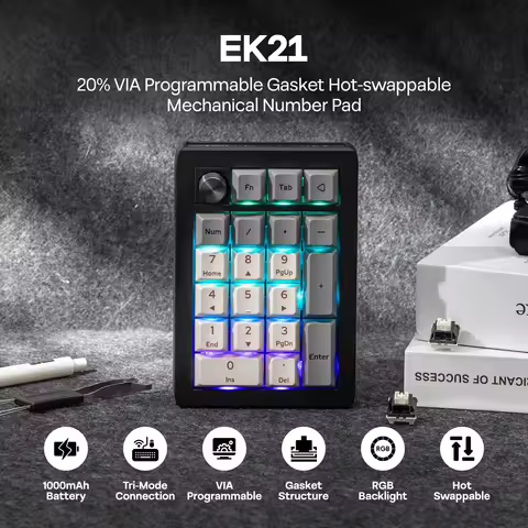 EK21（EPOMAKER）VIA 20% Gasket Wired/Bluetooth/2.4Ghz Wireless NKRO Numpad Aluminum Alloy Knob 1000mAh