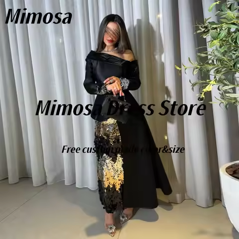 Mimosa Black Prom Dresses Saudi Women Wear Shinny Sequins Birthday Party Dress Long Sleeves Evening 