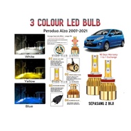 Perodua Alza 2007-2021 - 3 Colour LED Light Bulb 3000/6000/10000K 1Pair 2pcs Car Headlight/Foglight MentoL Lampu Besar