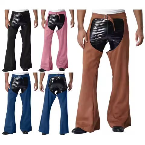 Men Suede Cowboy Pants Vintage Gothic Adjustable Waist Hollow Out Riding Motorcycle Chaps Pants Hall