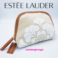 กระเป๋า Estee Lauder สีครีม ขอบสีน้ำตาล เปิดปิดด้วยซิป ขนาด 7.5x6x2 นิ้ว กระเป๋าเครื่องสำอาง