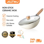 ALLTOU Non Stick Frying Pan 24cm Deep Frying Pan with Lid Ceramic Coating White  Non-stick Pot Iron 