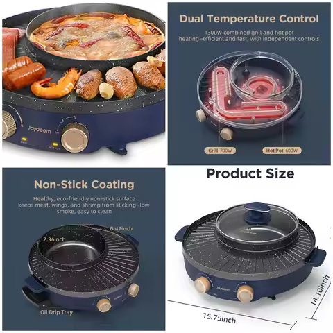 Electric Grill with Shabu Shabu Hot Pot, Compact Korean BBQ Hotpot Combo Machine, 2L Hot Pot
