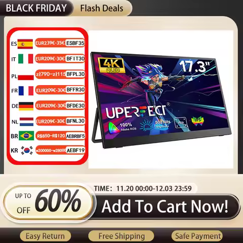 UPERFECT 17.3"4K 500Nits Portable Monitor 100%DCI-P3 16:9 HDR FreeSync IPS Screen Travel Office Game