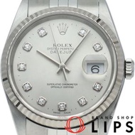 二手勞力士 Datejust 男士腕錶，鑲嵌 10 顆鑽石，型號 16234G(Y)，18K 白金/不銹鋼材質，銀色錶盤，拋光處理，2002 年產，品相極佳。