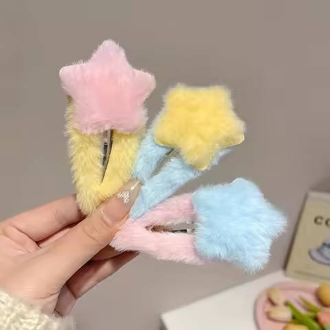 2 Pack Plush Star Hair Clips - 5-Pointed Star Bangs Clips with Color-Blocking Star Decoration, Soft