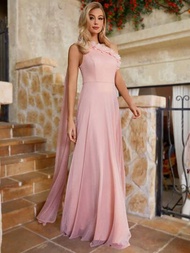 SHEIN Belle 單肩粉紅色伴娘禮服,帶3d花朵,褶皺和層疊設計