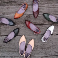 【45度斜裁女王】兩穿全真皮小木跟斜片剪裁流線繞帶尖頭平底鞋奧