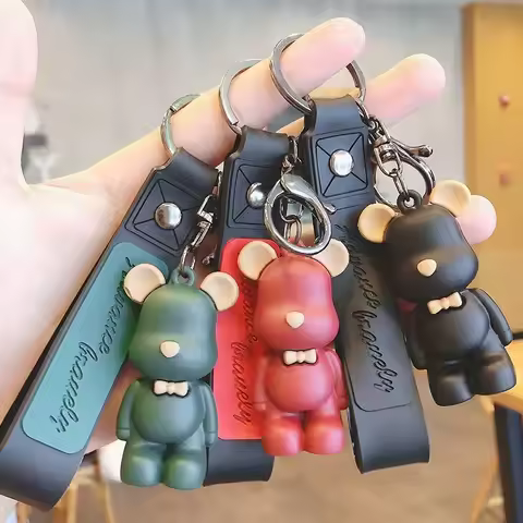 MINISO Cute Cartoon Bow Tie Bear Keychain Resin Bear Pendant For Women Men Bag Car Keyrings Jewelry 