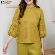 ZANZEA เสื้อคอกลมแขนเสื้อลำลองเสื้อไม่มีลายสไตล์เกาหลีสำหรับผู้หญิง #8