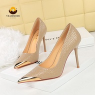VRAIEMODE elegant High-Heeled Shoes with metal toe Women Pumps embossed Ladies Stiletto High Heels f