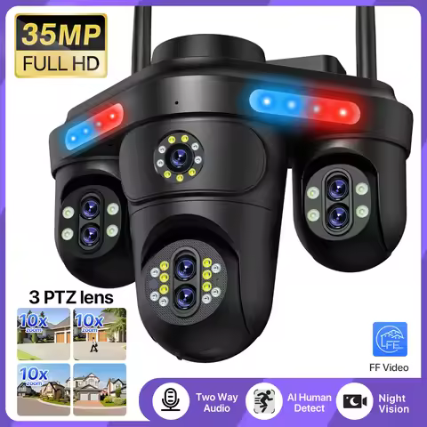 WiFi IP Camera 7 Lens 4 Screens 35MP HD 10X Zoom Outdoor IP66 Waterproof PTZ Security Camera Human D