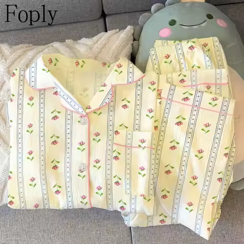 Flower Love Woman Pyjamas Spring Summer 2 Piece Pajama Clouds Cotton Sleepwear Long Sleeve Pants Pij