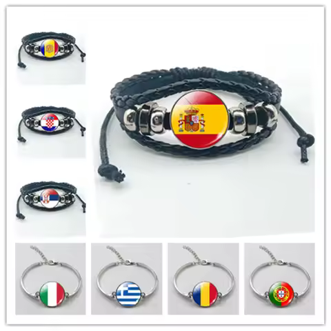 Flag Glass Bracelet Spain Italy Portugal Greece Romania Andorra Flag Picture Glass Round Bracelet Gi