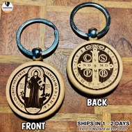 St. Benedict Medal Protection Keychain - Laser Engraved Wooden Benedictine Keyring, Catholic Gift
