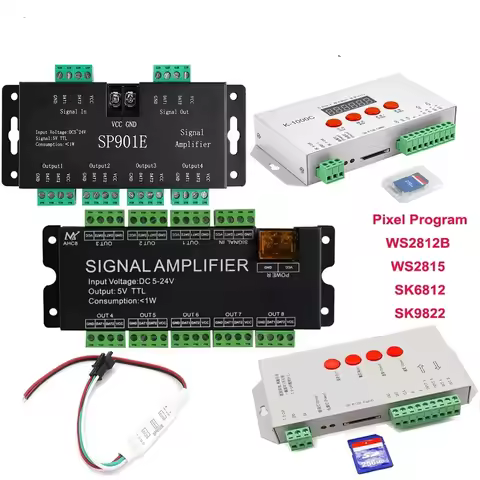Control RGB LED Strip T1000S K1000C Card 2048 Pixels SP901E 8 Channels Signal Amplifier For WS2801 W