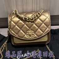 Chanel Chanel 金色方胖手提鍊包/斜背側背肩背鏈包/郵差包