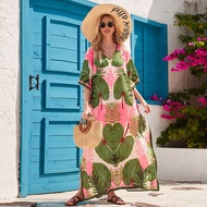 Tropical Leaves Pattern Kaftan Women Liveness Maxi Dress Elegant Batwing Sleeve Caftan Santorini Coloful Long Robe Luxe CoverUps Baju Kelawar Dubai Tunic