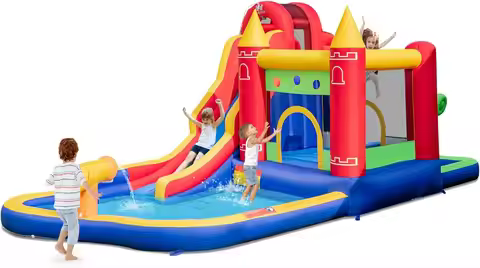 Inflatable Water Slide, 9 in 1 Bounce House Water Slide Combo for Outdoor Fun w/Large Splash Pool, B
