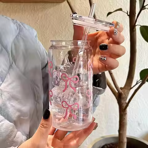 Bow Tie Plastic Straw Cup Cute Glass Cup Tumbler Mason Jar Shaped Water Bottle With Lids For Iced Co