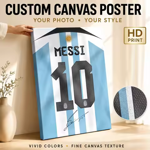 Lionel Messi Number 10 Jersey Framed Canvas Print Poster Bold Style Wall Art With Personalized Photo