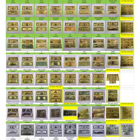 Gold Foil US Dollar Banknote Silver Banknote Full Set 1 2 5 10 20 50 100 USD America Commemorative C