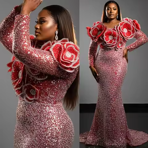 Red Mermaid 2025 Prom Dresses 3D Flowers Sequined Full Sleeves Sparkly Evening Formal Party Birthday