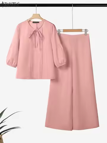 2025 ZANZEA Autumn Pant Sets Women 2PCS Outfits O Neck 3/4 Sleeve Blouse Trousers Casual Solid OL Wo