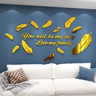 [DAORUI] Nordic Mirror Feather 3D Three-Dimensional Wall Sticker Light Luxury English Background Wall Sticker Living Room TV Wall Decoration Acrylic Wall Sticker